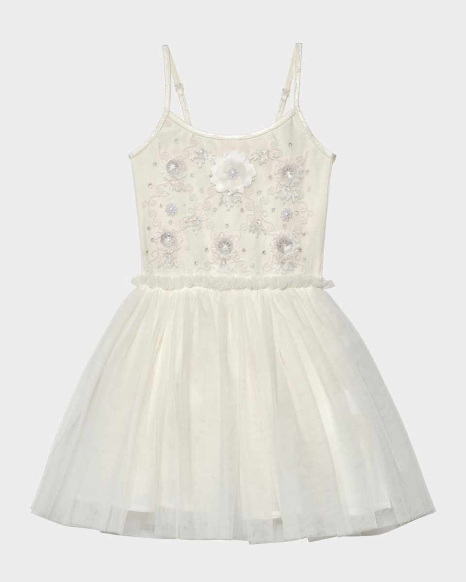 Girl's White Lotus Embellished Tutu Dress, Size 6